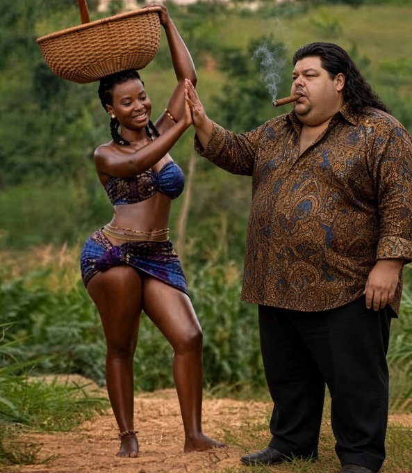 A photograph showing a slim woman in traditional African attire holding a basket on her head, playfully high-fiving a heavyset man wearing a paisley shirt and smoking a cigar in a grassy outdoor setting.