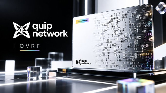 A promotional graphic for 'quip network' featuring a transparent keyboard with visible circuitry, displayed alongside the 'QVRF' logo and an 'ANNOUNCEMENT' label.