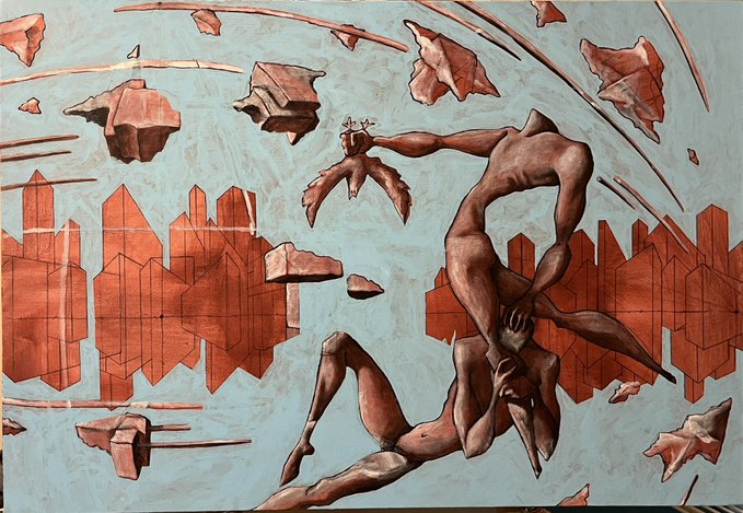 The image features a painting of two people, one sitting down and the other standing up with their arms crossed over their chest. The background depicts an urban cityscape with buildings and trees. The artist has used a unique style that combines elements of realism and surrealism in this piece. The painting is titled "GM Start vs Final" which suggests it might be a representation of the artist's journey from the initial stages to the final execution of their work, capturing both the mundane aspects of city life and the imaginative elements of surrealism.