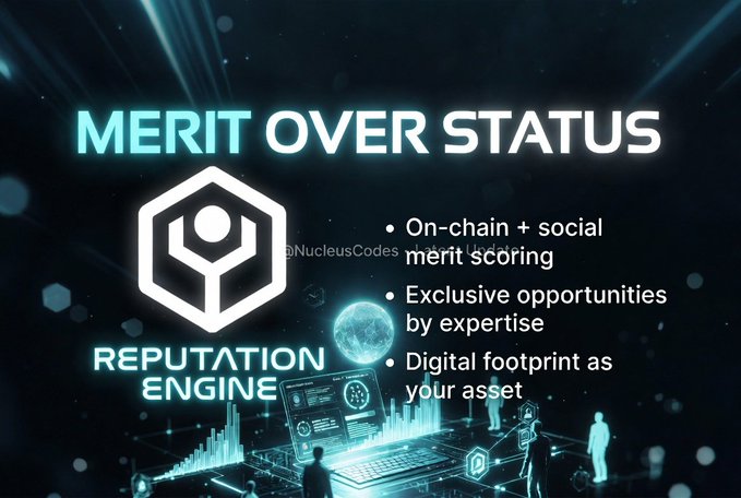 The image is a futuristic promotional graphic featuring the headline "MERIT OVER STATUS" alongside a hexagonal logo and "REPUTATION ENGINE" text, with bullet points highlighting on-chain + social merit scoring, exclusive opportunities by expertise, and digital footprint as your asset. It directly illustrates the accompanying post's message about @NucleusCodes revolutionizing reputation through advanced algorithms that analyze on-chain activity and social data.