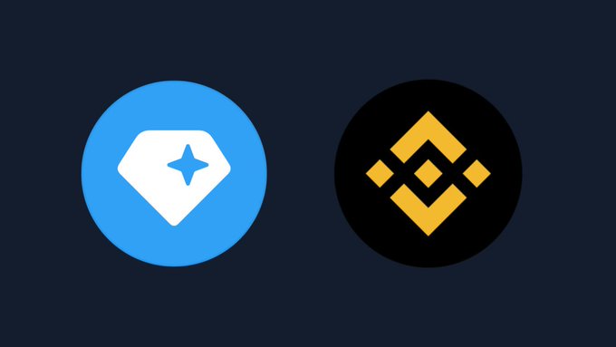 The image shows two cryptocurrency logos side by side on a dark blue background: the TON (The Open Network) logo on the left, featuring a white diamond shape with a star inside a light blue circle, and the Binance logo on the right, displaying its distinctive yellow diamond-shaped design on a black circle. These icons visually represent the partnership highlighted in the post, symbolizing GRAM token's official launch and integration on the Binance exchange platform.
