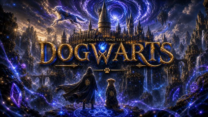 A fantasy-themed promotional artwork titled 'DOGWARTS - A DOGINAL DOGS TALE' featuring a hooded figure and a dog in robes before a magical castle.