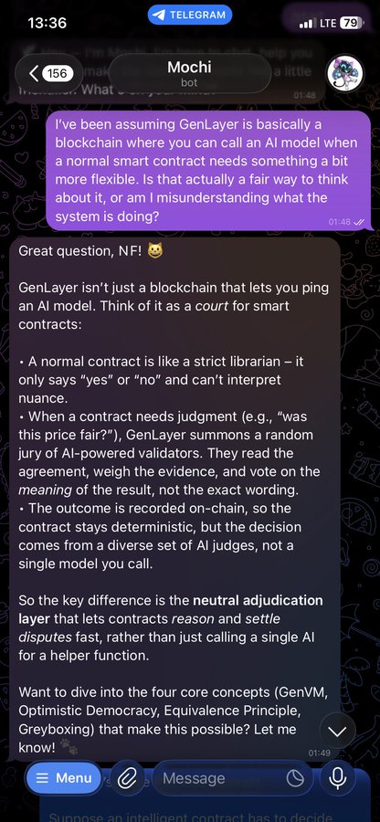 A Telegram chat screenshot showing a user asking about GenLayer, with a response from the Mochi bot explaining GenLayer as a blockchain 'court' for smart contracts using AI-powered validator juries for dispute resolution.
