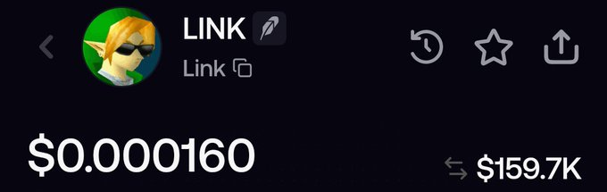 A cryptocurrency listing for a token named 'LINK' featuring a Link from Zelda avatar, showing a price of $0.000160 and a market cap of $159.7K.
