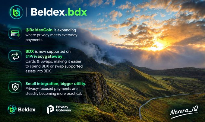 A promotional graphic for Beldex.bdx set against a scenic mountain sunset, featuring text about @BeldexCoin expanding privacy-focused payments, BDX being supported on @Privacygateway_ for Cards & Swaps, and noting that 'Small integration, bigger utility' for everyday payments.