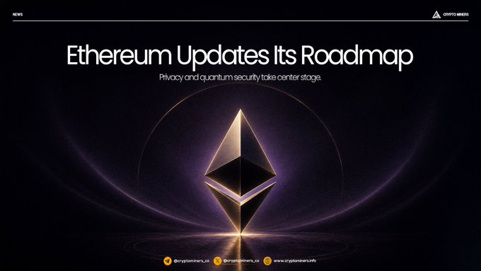 A news graphic titled "Ethereum Updates Its Roadmap" with the subtitle "Privacy and quantum security take center stage," featuring a 3D Ethereum logo and the source labeled "CRYPTO NEWS."