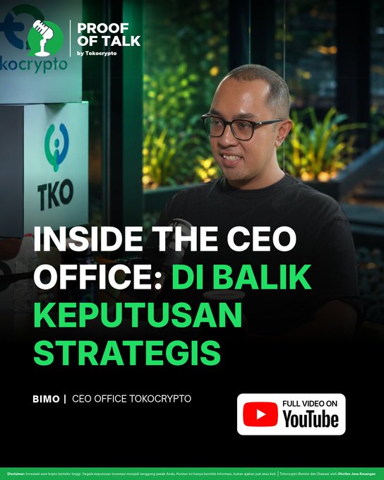 A promotional graphic for “PROOF OF TALK by Tokocrypto” features Bimo, CEO Office Tokocrypto, with the headline “INSIDE THE CEO OFFICE: DI BALIK KEPUTUSAN STRATEGIS” and a “FULL VIDEO ON YouTube” badge. It visually supports the post’s introduction to Bimo explaining the process, considerations, and vision behind Tokocrypto’s strategic decisions.