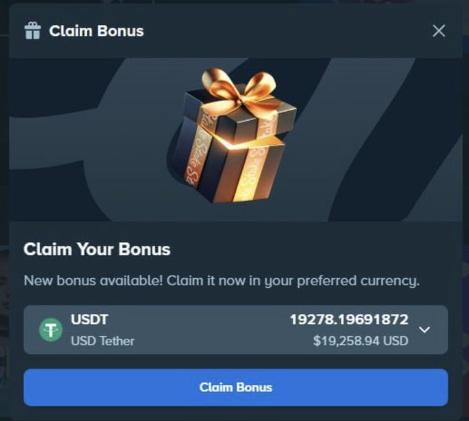 A "Claim Bonus" modal displays a gift box and offers 19,278.19691872 USDT ($19,258.94 USD) with a blue "Claim Bonus" button. The screenshot illustrates the monthly bonus that the user is claiming on Stake, matching their post about redeeming needed rewards through the provided referral link.