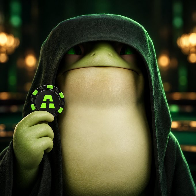 A green Pepe the Frog character wearing a dark hooded cloak, holding up a black and neon-green casino chip featuring the stylized 'A' logo of the Aptos cryptocurrency.