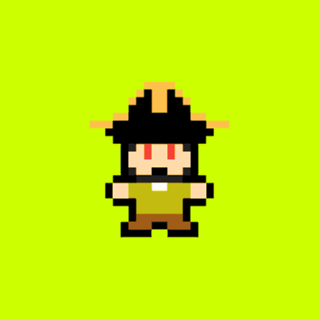 A pixel art character depicting a small figure with red eyes wearing a black witch hat and brown outfit against a bright green background.