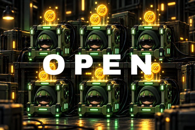 An 'OPEN' graphic showing a grid of green, futuristic pods or containers, each holding a hooded figure with a gold coin featuring a 'W' symbol floating above them.