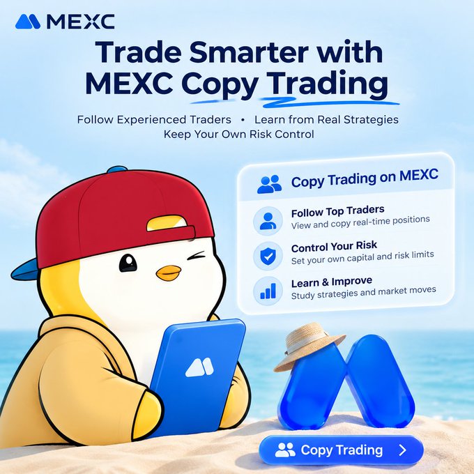 A MEXC cryptocurrency exchange advertisement featuring a cartoon penguin wearing a red cap on a beach, promoting 'Copy Trading' with features like 'Follow Top Traders', 'Control Your Risk', and 'Learn & Improve'.