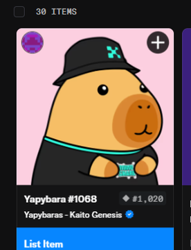 The image displays a digital NFT marketplace listing for "Yapybara #1068" from the Yapybaras - Kaito Genesis collection, priced at 1,020 with 30 total items in the collection. The cartoon capybara character wearing a black hoodie matches the NFT the user purchased as part of their cost-effective "full Kaito suite" setup, illustrating the affordable entry point into the Kaito ecosystem they mentioned.