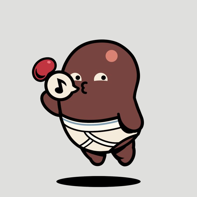 A cartoon illustration of a brown, jellybean-shaped character wearing white underwear and red boxing gloves, blowing a kiss on a light gray background.