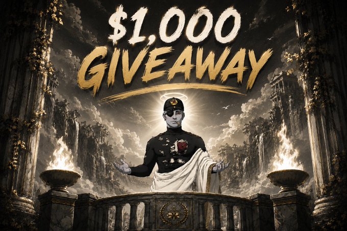 urns of fire, a statue with a crown, and a banner reading "1,000 Giveaway" are featured on the black and white background.
