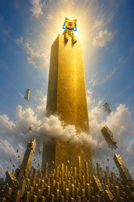 A surreal, dramatic image shows a character wearing a yellow astronaut-style helmet sitting atop a massive golden obelisk/pillar that reaches into a sunlit sky, with golden debris and shards scattered in the clouds below.