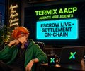 A graphic with a pixel art character in green hoodie advertising "TERMIX AACP" with "OSCROW LIVE SETTLEMENT ON-CHAIN".