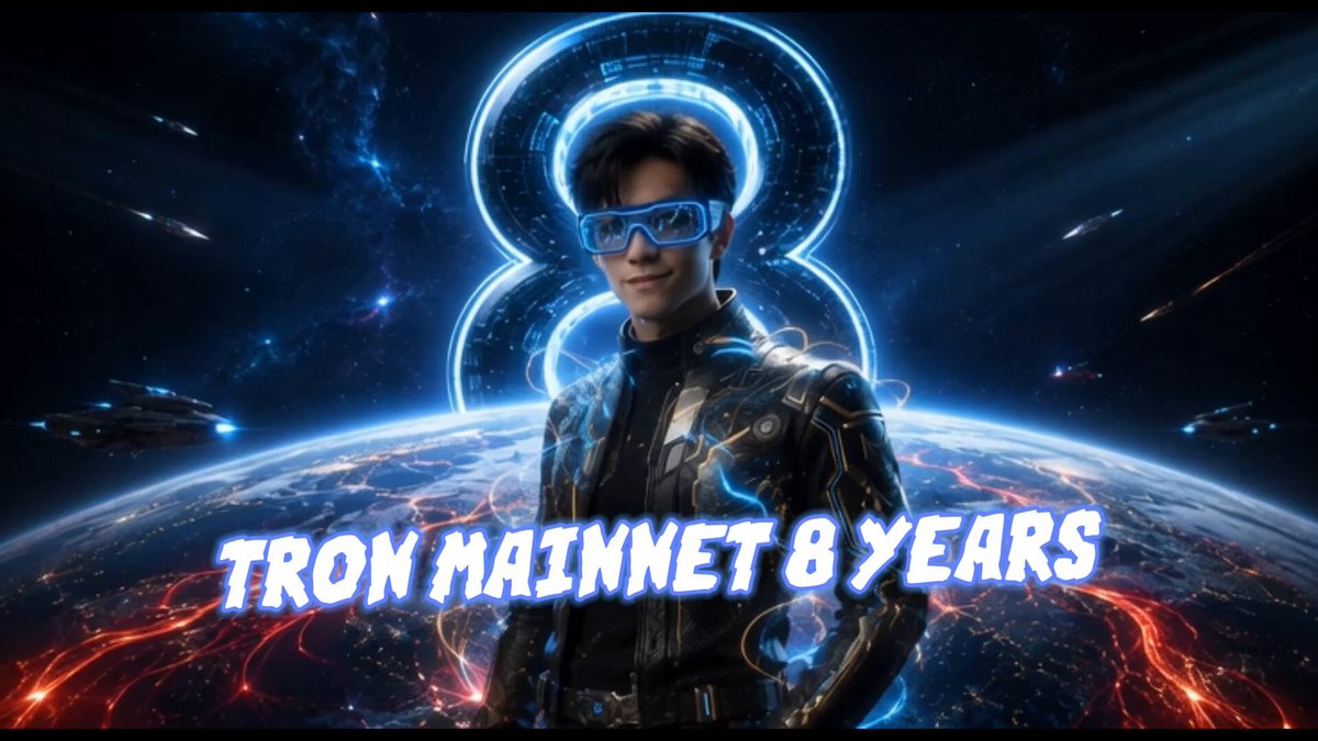 The image features a man wearing a black jacket, sunglasses, and goggles standing against a backdrop of stars and planets. The text "TRON MAINET 8 YEARS" is displayed above him, indicating that he has been active on the mainnet for eight years. The image also includes various other images related to space exploration or technology, such as spaceships and rockets.