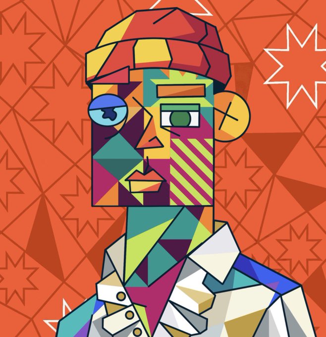 A colorful cubist-style digital portrait of a man with mismatched eyes wearing a red and yellow beanie against an orange patterned background.