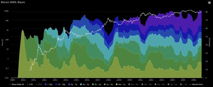 This image displays a stacked area chart titled "Bitcoin HODL Waves," tracking the distribution of Bitcoin's supply by age of coins (from less than 1 day to over 10 years) from 2009 to 2025, with the Bitcoin price overlaid as a white line on a logarithmic price axis (0.001 to 100K). The chart illustrates how long-term held coins (older age bands shown in purple/blue) have come to dominate Bitcoin's supply in recent years, correlating with the price's rise to nearly $100K.