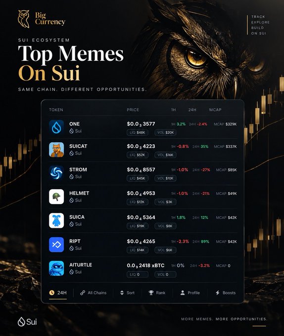 The image is a promotional graphic titled "Top Memes On Sui" featuring a list of Sui ecosystem meme tokens with their prices and market caps, including ONE ($0.03577, MCAP $329K), SUICAT ($0.04223, MCAP $337K), STROM ($0.4857, MCAP $85K), HELMET ($0.04953, MCAP $49K), SUICA ($0.45364, MCAP $42K), RIPT ($0.04265, MCAP $42K), and AITURTLE (0.0₄2418 xBTC, MCAP 0), displayed against an owl graphic. The image directly illustrates the poster's observation about an underwhelming Sui meme season, as nearly all listed tokens show negative 24-hour price changes (-1.0% to -3.2%) and notably low market caps, highlighting the lack of investor enthusiasm despite the meme revival