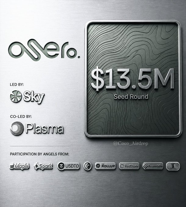 Promotional graphic announcing Osero's $13.5M Seed Round led by Sky and co-led by Plasma, with participation from Maple, Spark, USDT0, Rollup, RedStone, and Accountable, alongside a tweet promoting a free 72-hour NFT claim window for $BASE holders via @OseroHQ.