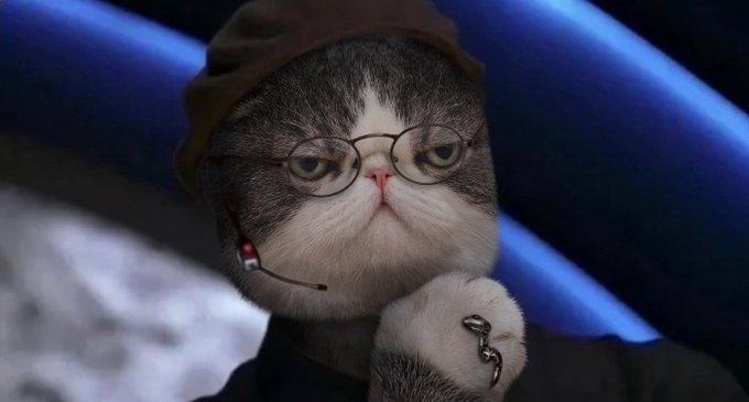 A digitally edited image of a grumpy-looking cat wearing a brown beanie, round wire-frame glasses, and a headset, posing thoughtfully with its paw near its face.