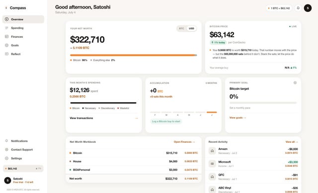 A screenshot of the Compass financial dashboard greeting 'Good afternoon, Satoshi,' showing a net worth of $322,710, Bitcoin holdings of 0.1109 BTC, and various asset allocations.