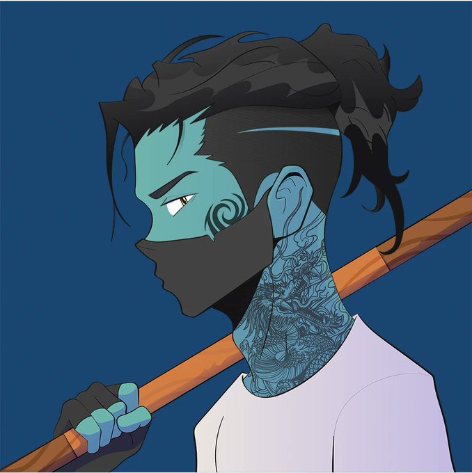 A stylized anime character with blue skin, face tattoos, and a black mask holds a wooden staff against a dark blue background.