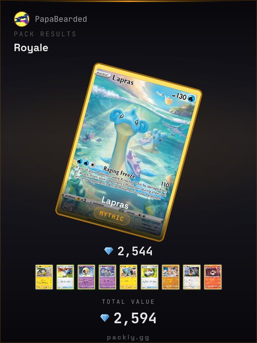 A Pokémon TCG pack opening screen from packly.gg showing user 'PapaBearded' received a Mythic Lapras card in a Royale pack, with a total value of 2,594 gems displayed.