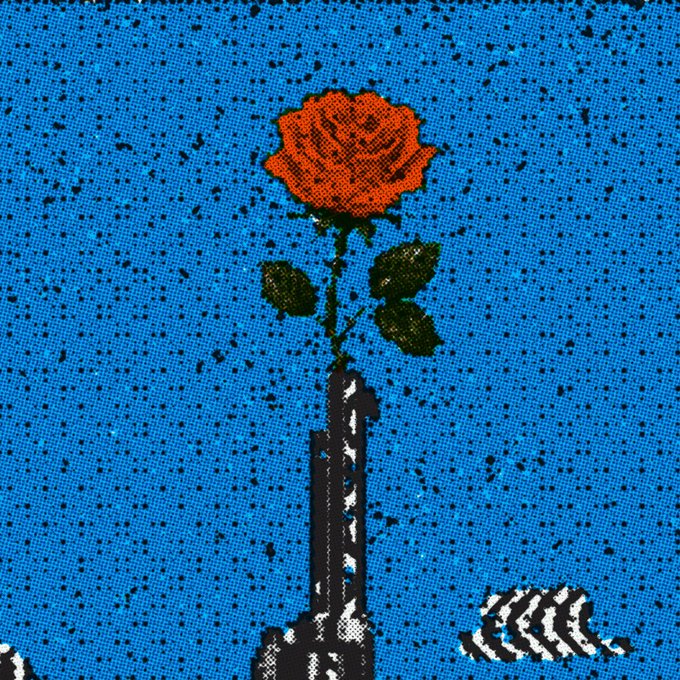 A halftone-style pop art illustration of a single red rose with a green stem and leaves against a blue background.