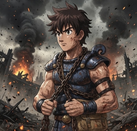 An anime-style illustration depicts a muscular young warrior with spiky brown hair in blue armor, holding heavy chains, standing defiantly before a fiery, destroyed battlefield.