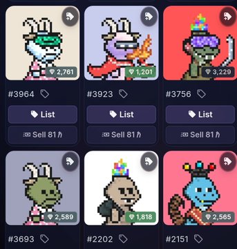 A screenshot of an NFT marketplace displaying a grid of pixel-art avatar characters with various attributes, listing prices and offering 'List' and 'Sell' options with an 81-hour timer.