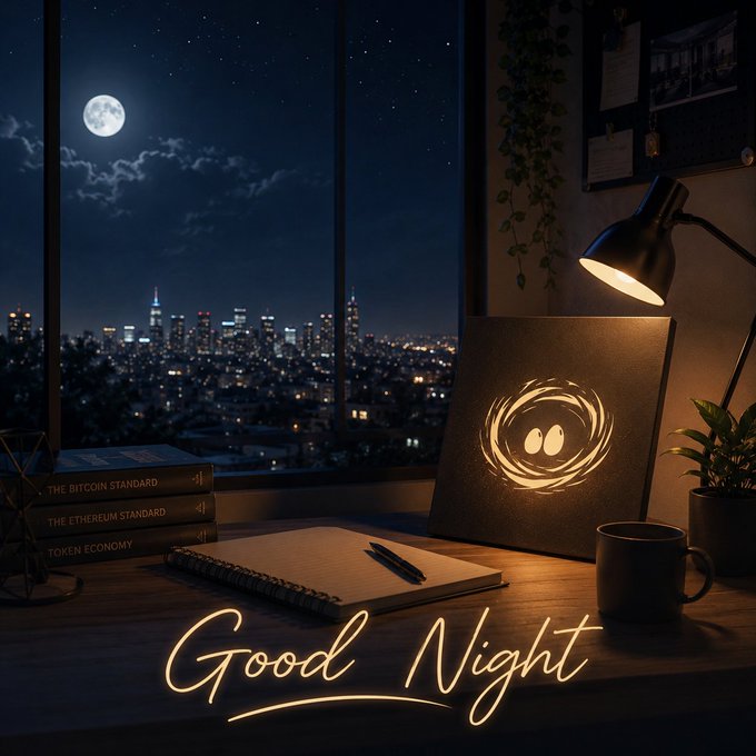 A cozy nighttime desk scene features an open notebook, a black coffee mug, and stacked books titled "THE BITCOIN STANDARD," "THE ETHEREUM STANDARD," and "TOKEN ECONOMY," with a glowing canvas of two oval eyes beside a desk lamp, and the handwritten text "Good Night" illuminated at the bottom. The peaceful, crypto-themed workspace visually reinforces the post's theme of onchain automation by pairing blockchain literature with a "Good Night" sign-off after discussing the Super App's progress.