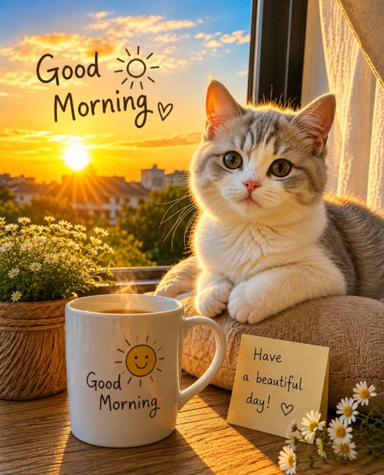 A cheerful 'Good Morning' image featuring a cat sitting on a windowsill beside a steaming mug and a sticky note reading 'Have a beautiful day!', with a sunrise in the background.