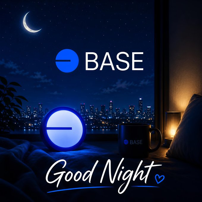 The image features a bed with a cup of coffee sitting on top of it. The background shows a city skyline at night, with a crescent moon visible above. Below the city skyline, there are two logos - one for Base and another for a coffee mug company named "Good Night".