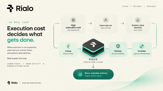 A marketing infographic for Rialo explaining 'THE REAL LOOP' - how execution cost decides what gets done, with a flowchart showing high execution costs leading to user opt-out and system value decline.