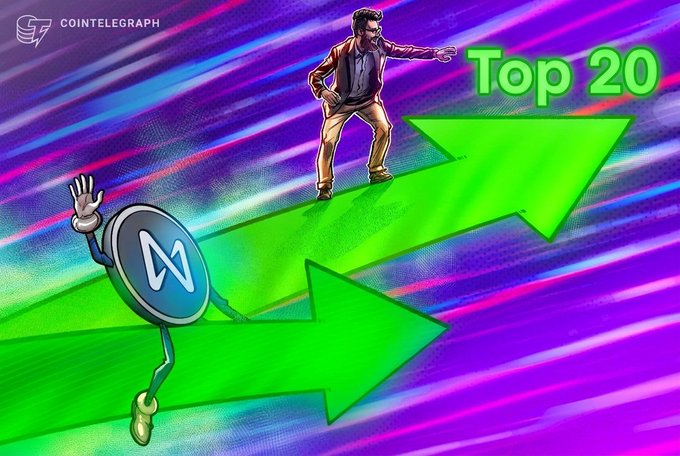 A Cointelegraph graphic featuring a man standing on two large green upward arrows with the text 'Top 20', alongside an animated blue token character with an 'M' logo.