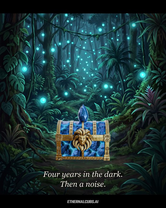 A fantasy illustration of an ornate treasure chest with a lion face and crystal in a glowing jungle setting, with text 'Four years in the dark. Then a noise.' and 'ETERNALCUBS.AI' at the bottom.
