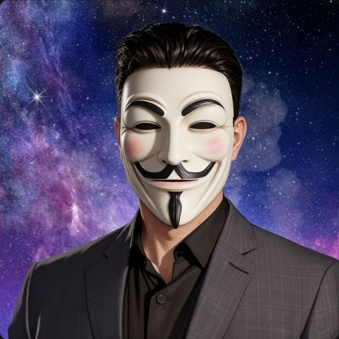 A digital illustration of a man wearing a Guy Fawkes mask, dark hair, and a gray suit jacket against a starry purple and blue galaxy background.