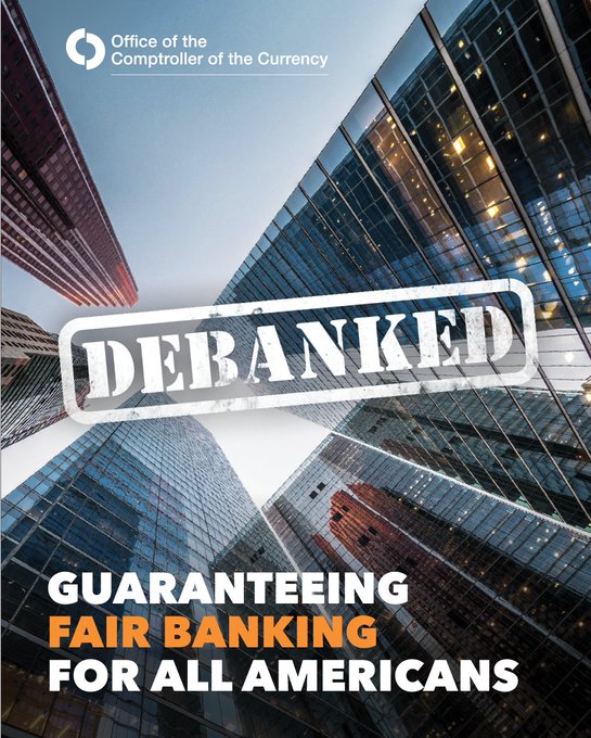 An Office of the Comptroller of the Currency report titled 'DEBANKED' with the subtitle 'GUARANTEEING FAIR BANKING FOR ALL AMERICANS', featuring a stylized image of skyscrapers.
