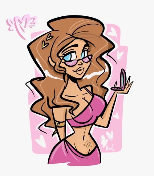 A cartoon illustration of a woman with long brown hair, pink sunglasses, a pink top, and a low-rise pink skirt, with a belly button piercing and hearts in the background.