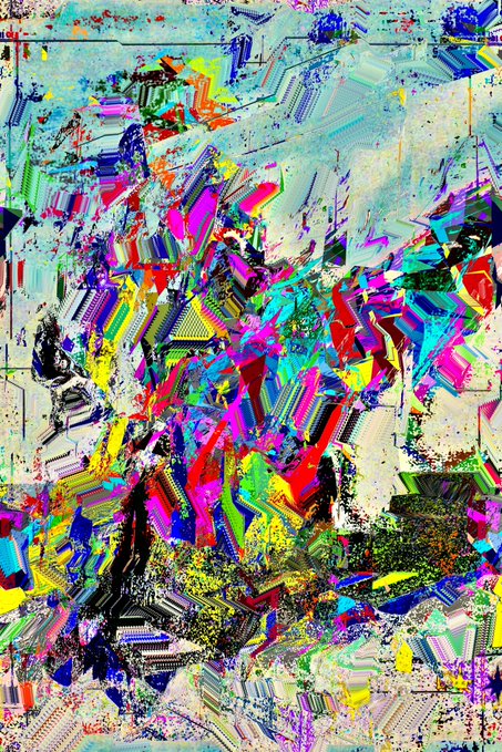 A vibrant, chaotic abstract digital artwork featuring a colorful explosion of geometric shapes and glitch-art elements in neon pinks, blues, greens, and yellows.
