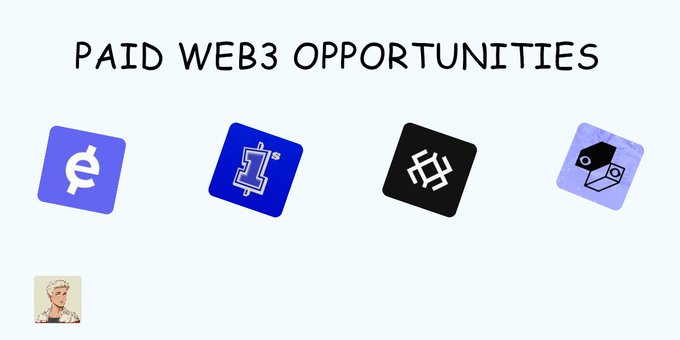 A graphic titled 'PAID WEB3 OPPORTUNITIES' featuring four icons representing cryptocurrency platforms, with a small portrait of a blonde woman in the bottom left corner.