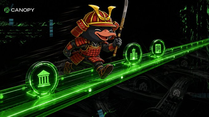 A samurai duck mascot wielding a katana runs across glowing green blockchain icons (bank, building, document), with the "CNPY" or "Canopy" logo in the corner, visually symbolizing how Canopy Network's dedicated sovereign chains cut through congestion and competing transaction fees on shared networks.