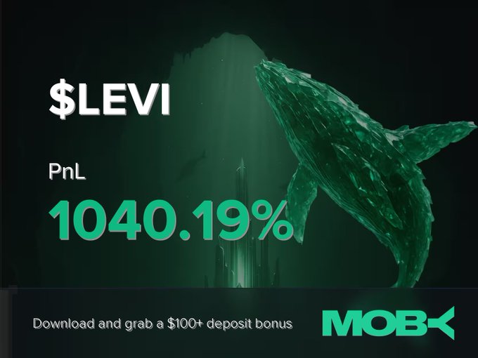 A promotional image from Moby featuring a large green whale sculpture and the text "$LEVI" with a PnL of "1040.19%" and a call-to-action reading "Download and grab a $100+ deposit bonus." The ad visually celebrates a trader's exceptional +1040.19% return on the $LEVI position highlighted in the post.