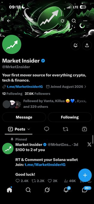 A mobile Twitter/X profile screenshot of 'Market Insider' (@MarketInsider1G), a verified crypto and finance account with 37.6K followers joined August 2026, featuring a pinned post offering $100 to 2 users for retweeting with their Solana wallet.