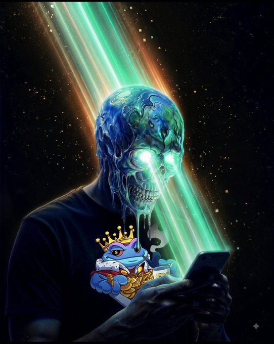 A stylized digital artwork depicts a blue-tinted skull-headed figure with glowing green eyes holding a smartphone, with a cartoon blue frog character wearing a gold crown and smoking a cigar overlaid on the figure's chest, set against a cosmic background with green light rays.