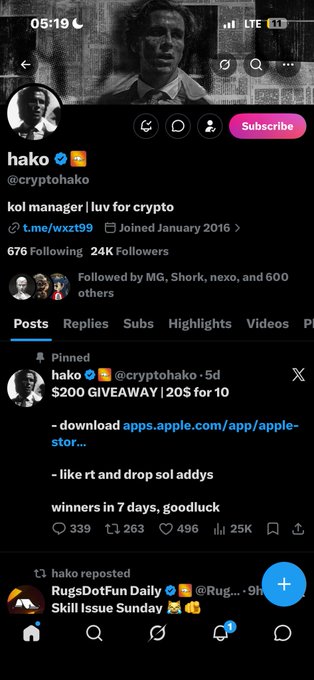 Twitter/X profile page of @cryptohako (Hako), a 'kol manager | luv for crypto' account with 676 Following and 24K Followers, featuring a pinned $200 giveaway post.