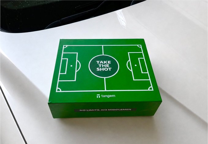 A green box designed like a soccer/football field with 'TAKE THE SHOT' written in the center circle and the 'tangem' logo, placed on a white car hood, with 'NO LIMITS. NO MIDDLEMEN' visible on the side.